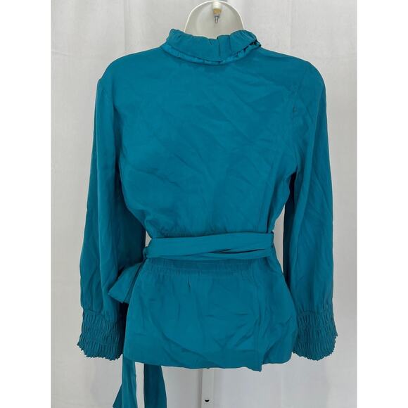 DIANE VON FURSTENBERG DVF Silk Wrap Top Long Sleeve Stretch Teal Blue Size 4 - Picture 2 of 8